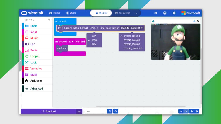 you can use arducam mini in microsoft makecode to take and preview photos